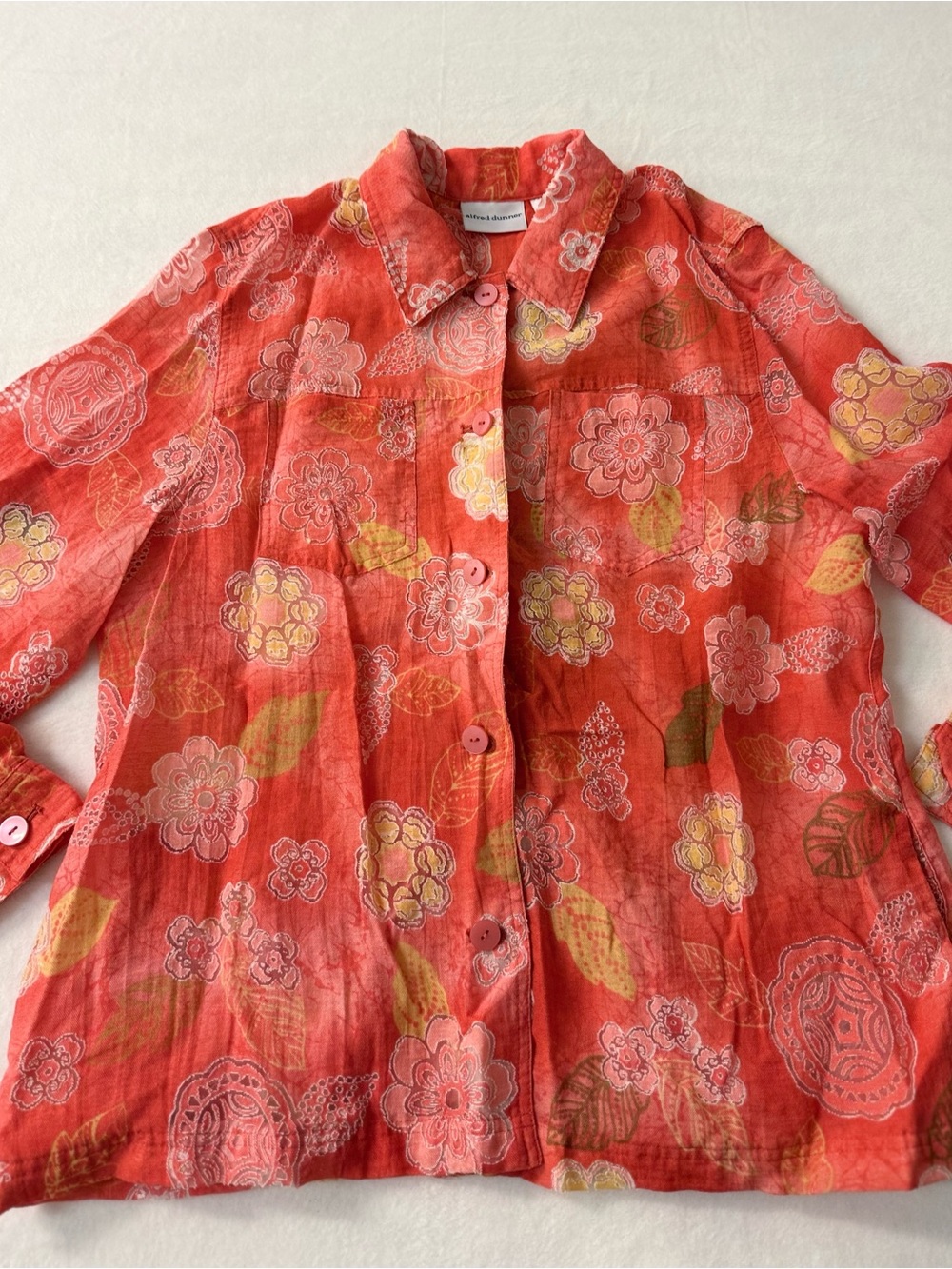 Alfred Dunner Womens 14 Paisley Coral Pink Cottagecore Rayon Button Front Shirt
